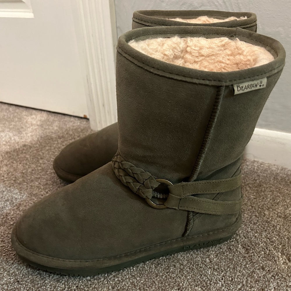 BearPaw Khaki Suede Boots with Braided Strap